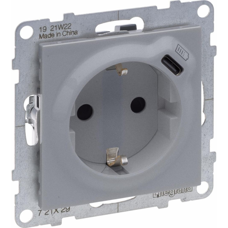 SUNO alumīnija Rozete, 2P+E ar bērnu aizsardzību + USB Type C