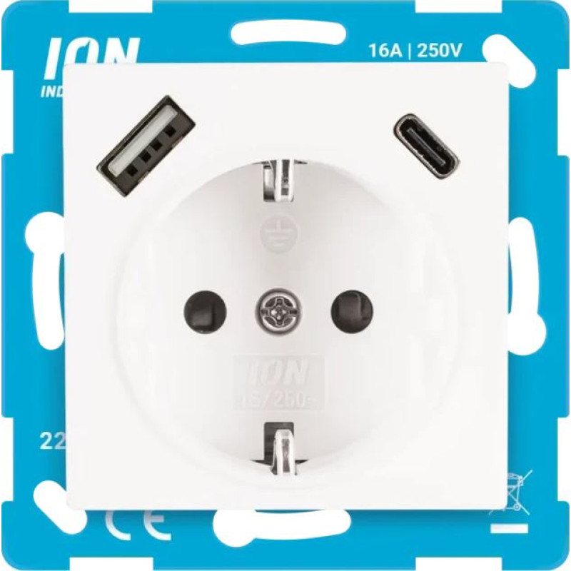 ION Industries E1 Balta Rozete 2P+E USB A + USB C ar bērnu aizsardzību