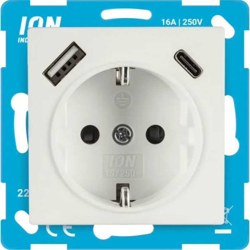ION Industries E1 Balta matēts Rozete 2P+E USB A + USB C ar bērnu aizsardzību