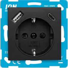 ION Industries E1 Melna matēta Rozete 2P+E USB A + USB C ar bērnu aizsardzību