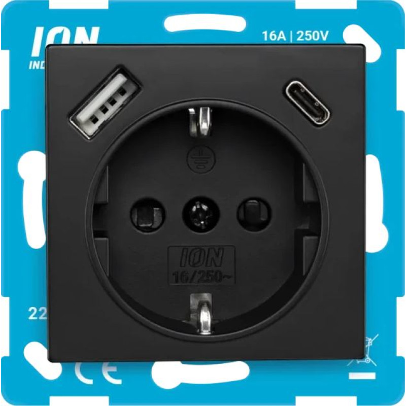 ION Industries E1 Melna matēta Rozete 2P+E USB A + USB C ar bērnu aizsardzību