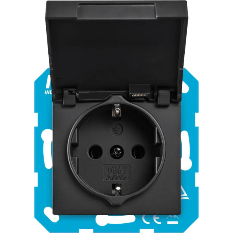 ION Industries V1/J1/D1 Melna matēta Rozete 2P+E ar vāku IP44 un bērnu aizsardzību