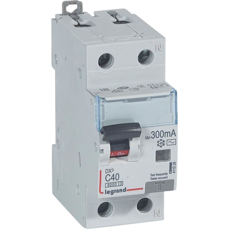 Kombinēts noplūdes automātslēdzis DX3 - 1P+N - C40 - 10kA - 300mA - AC tips - N labajā pusē