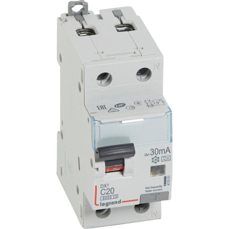 Kombinēts noplūdes automātslēdzis DX3 - 1P+N - 10kA - C20 - 30mA - A tips - N labajā pusē