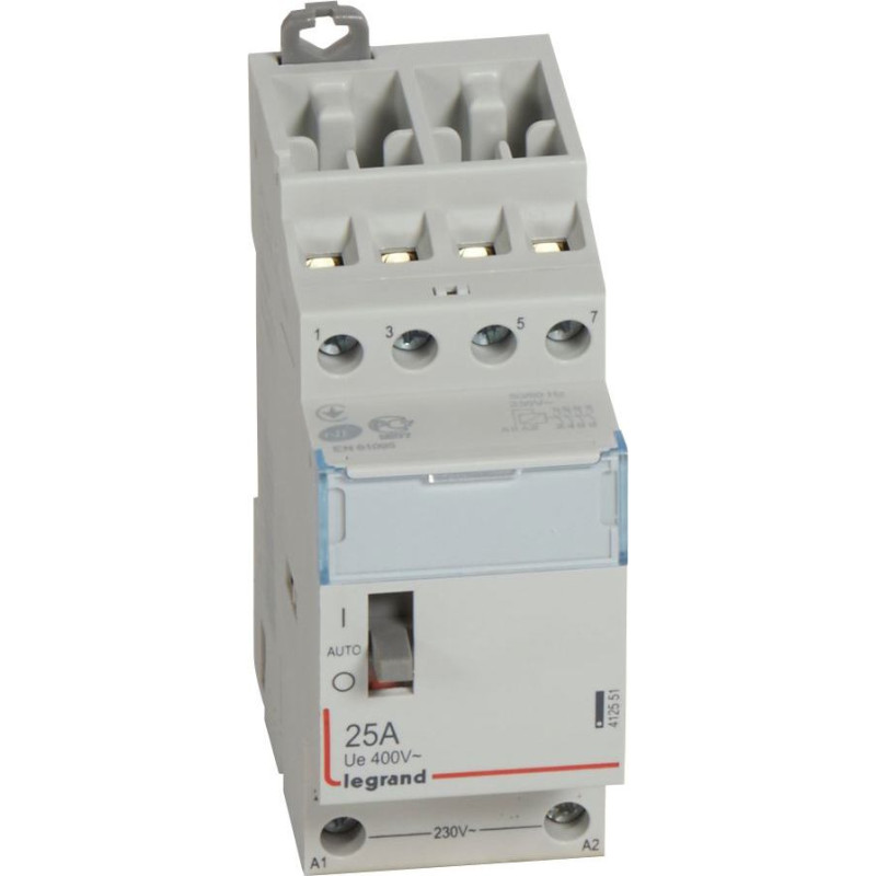 Kontakors CX3 ar priekšējo rokturi - 4 poli - 25 A - 400 V~ - 4 NO kontakti - spoles spriegums 230 V~ - 2 moduļi