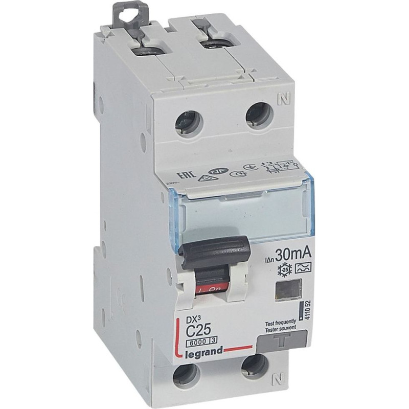 Kombinēts noplūdes automātslēdzis DX3 - 1P+N - 10kA - C25 - 30mA - A tips - N labajā pusē