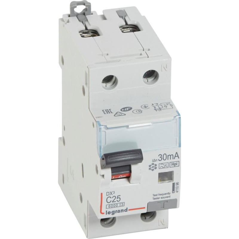 Kombinēts noplūdes automātslēdzis DX3 - 1P+N - 10kA - C25 - 30mA - F tips - N labajā pusē