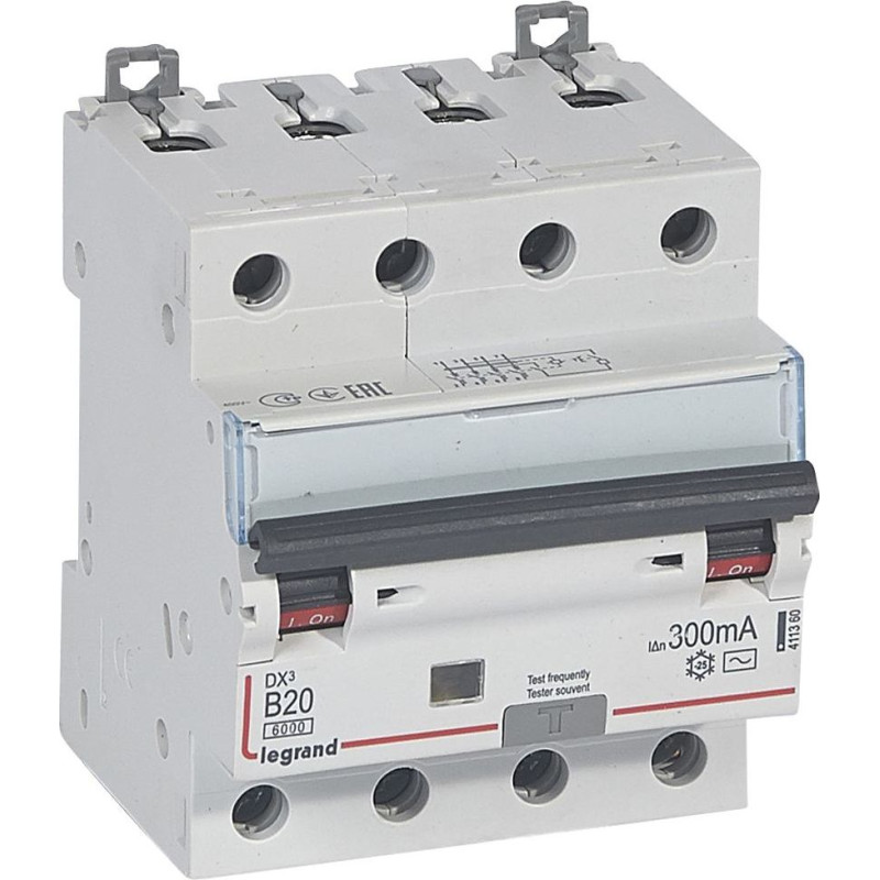 Kombinēts noplūdes automātslēdzis DX3 - 4P - B20 - 6kA - 300mA - AC tips