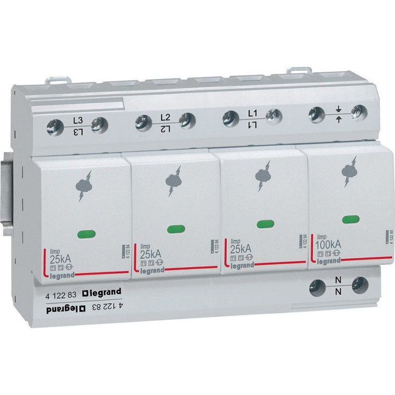 Pārsprieguma aizsardzība - augsta riska līmeņa instalācijām - T1+T2 - Iimp 25 kA/polam - 3P+N, neitrāle pa labi