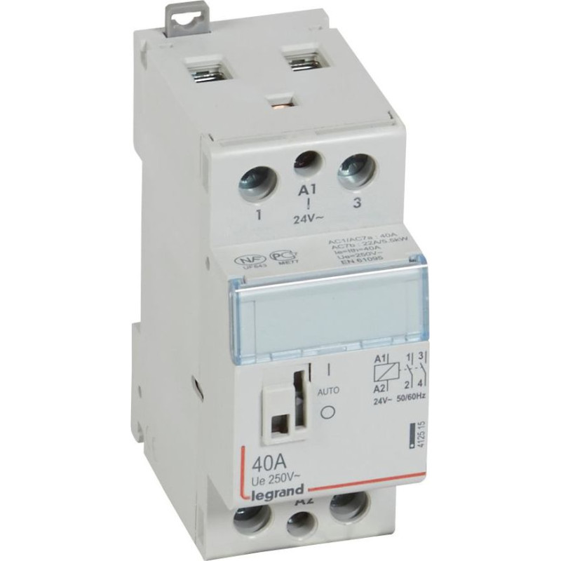 Kontakors CX3 ar priekšējo rokturi - 2 poli - 40 A - 250 V~ - 2 NO kontakti - spoles spriegums 24 V~ - 2 moduļi