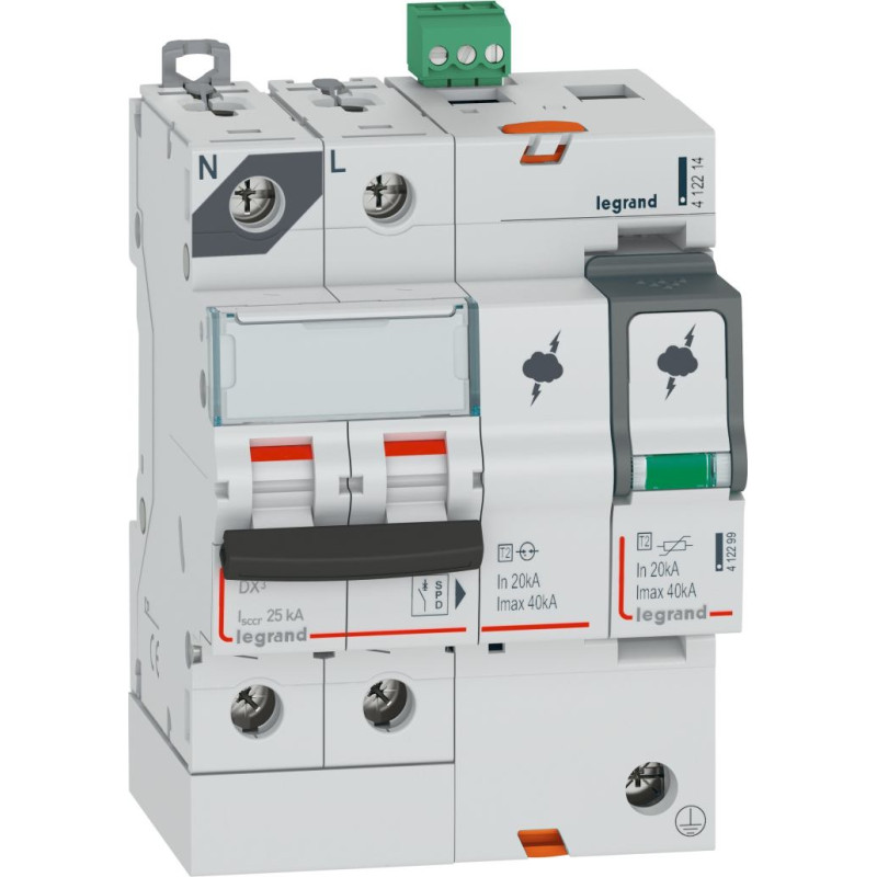 Pārsprieguma aizsardzība ar ICC aizsardzību - 25 kA - T2 - Imax 40 kA - 1P+N, neitrāle pa kreisi - ar bojājuma signalizāciju