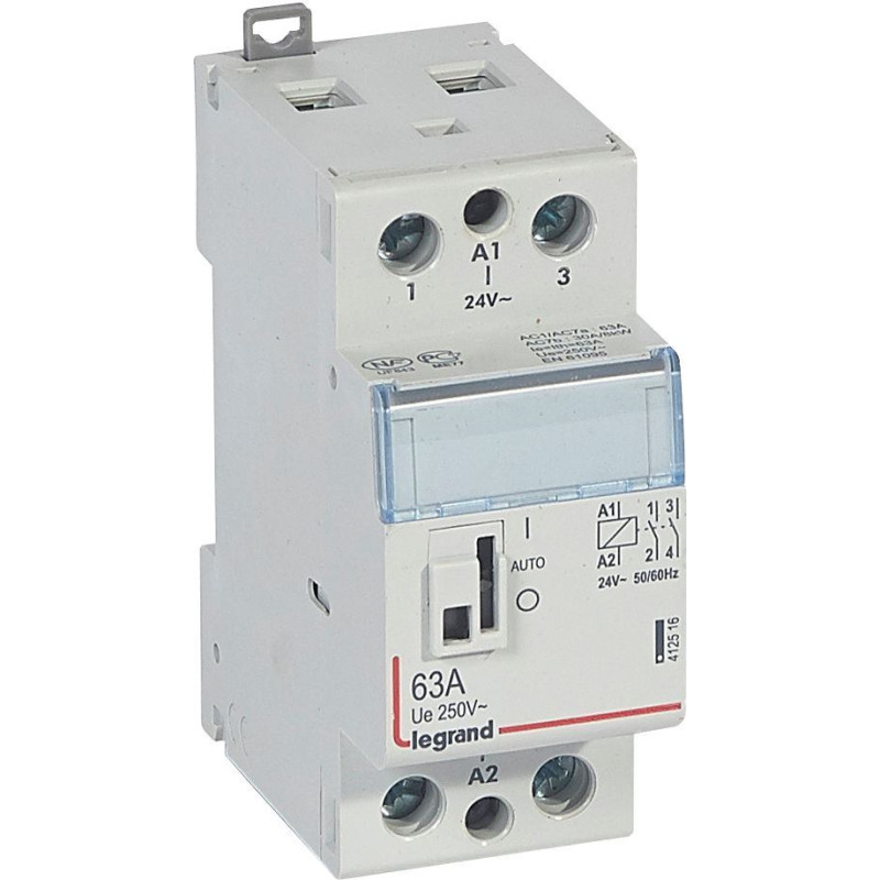 Kontakors CX3 ar priekšējo rokturi - 2 poli - 63 A - 250 V~ - 2 NO kontakti - spoles spriegums 24 V~ - 2 moduļi