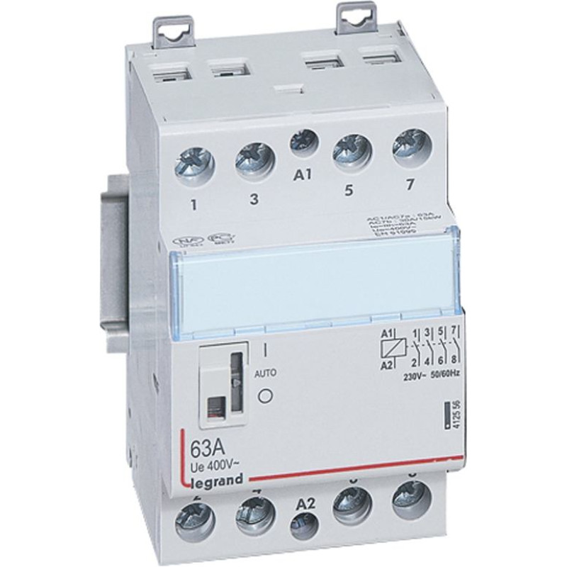 Kontakors CX3 ar priekšējo rokturi - 4 poli - 63 A - 400 V~ - 4 NO kontakti - spoles spriegums 230 V~ - 3 moduļi