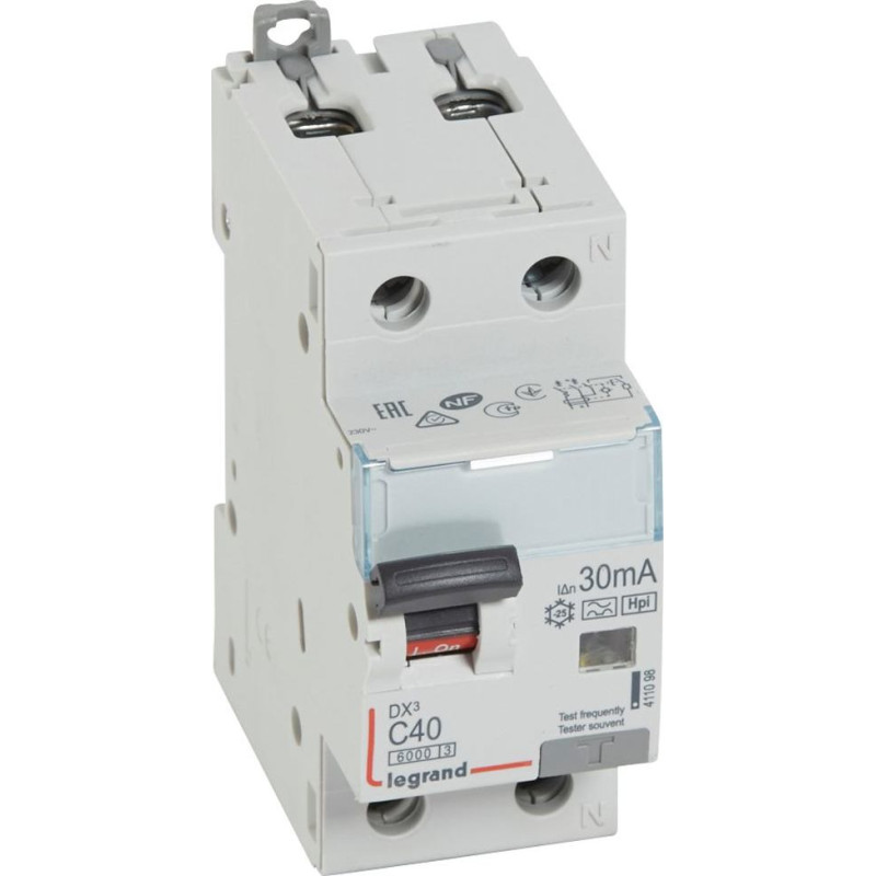 Kombinēts noplūdes automātslēdzis DX3 - 1P+N - 10kA - C40 - 30mA - F tips - N labajā pusē