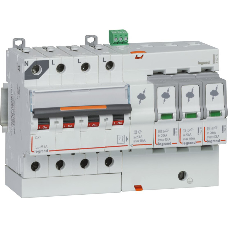 Pārsprieguma aizsardzība ar ICC aizsardzību - 25 kA - T2 - Imax 40 kA - 3P+N, neitrāle pa kreisi - ar bojājuma signalizāciju
