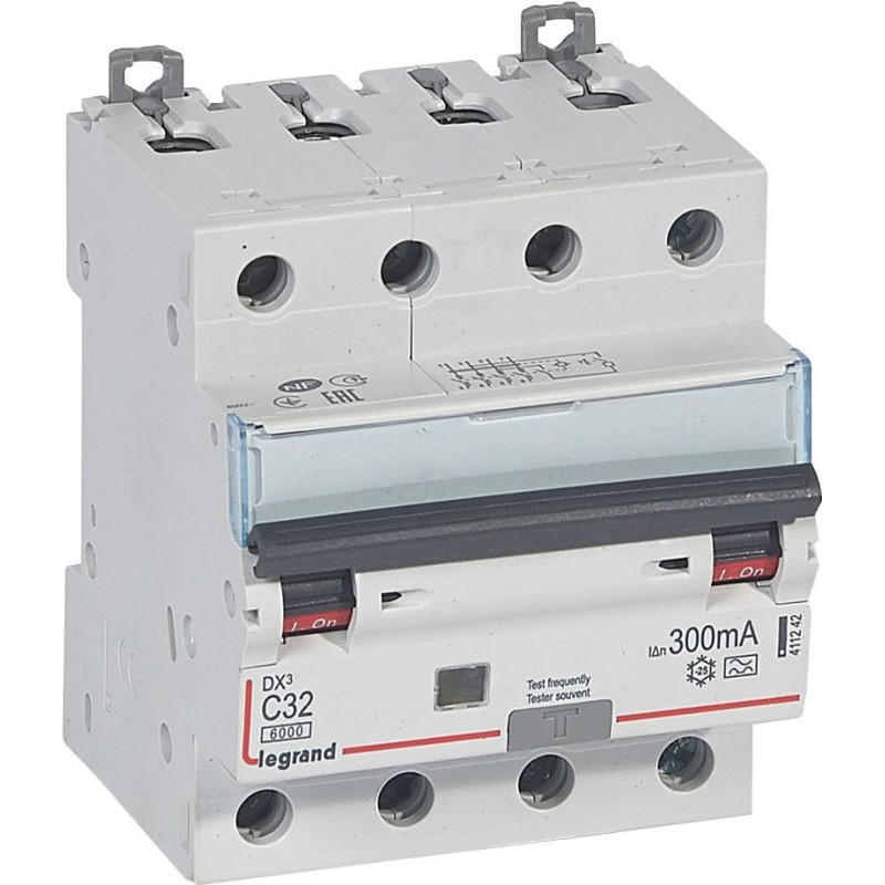 Kombinēts noplūdes automātslēdzis DX3 - 4P - C32 - 6kA - 300mA - A tips