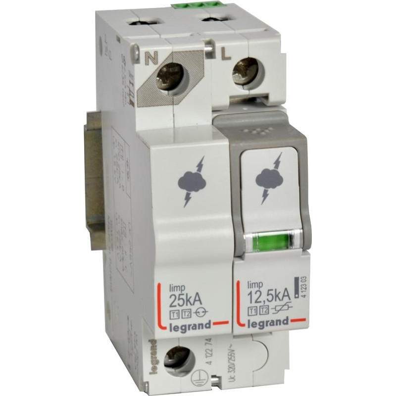 Pārsprieguma aizsardzība - galvenā sadales skapja aizsardzībai - T1+T2 - Iimp 12,5 kA/polam - 1P+N, neitrāle pa kreisi
