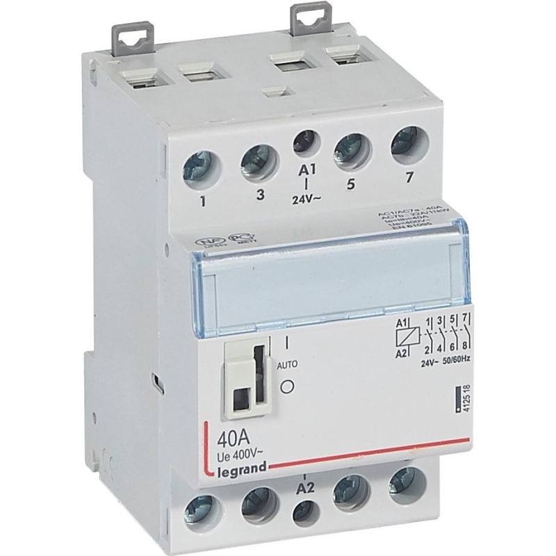 Kontakors CX3 ar priekšējo rokturi - 4 poli - 40 A - 400 V~ - 4 NO kontakti - spoles spriegums 24 V~ - 3 moduļi