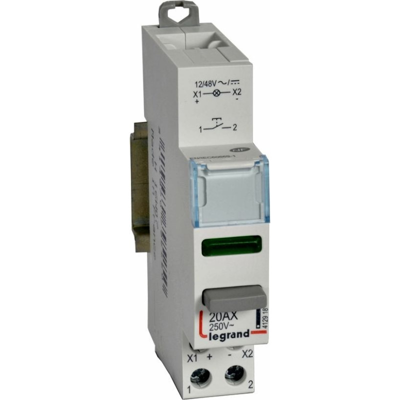 Spiedpoga CX3 - 1 NO kontakts ar zaļu LED indikatoru - 12/48 V AC/DC - 250 V~ - 20 A - 1 modulis