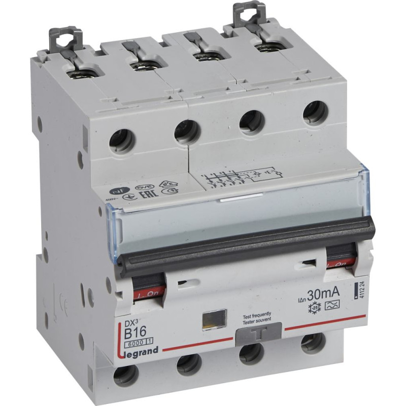 Kombinēts noplūdes automātslēdzis DX3 - 4P - B16 - 6kA - 30mA - A tips