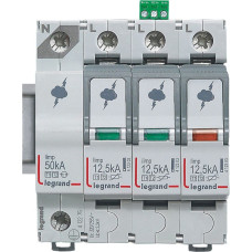 Pārsprieguma aizsardzība - galvenā sadales skapja aizsardzībai - T1+T2 - Iimp 12,5 kA/polam - 3P+N, neitrāle pa kreisi
