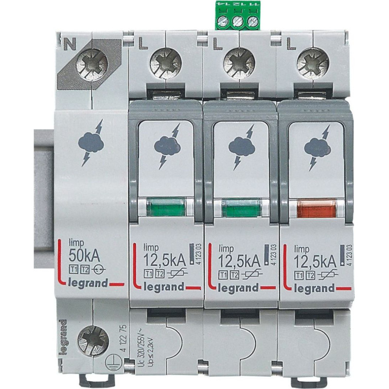 Pārsprieguma aizsardzība - galvenā sadales skapja aizsardzībai - T1+T2 - Iimp 12,5 kA/polam - 3P+N, neitrāle pa kreisi