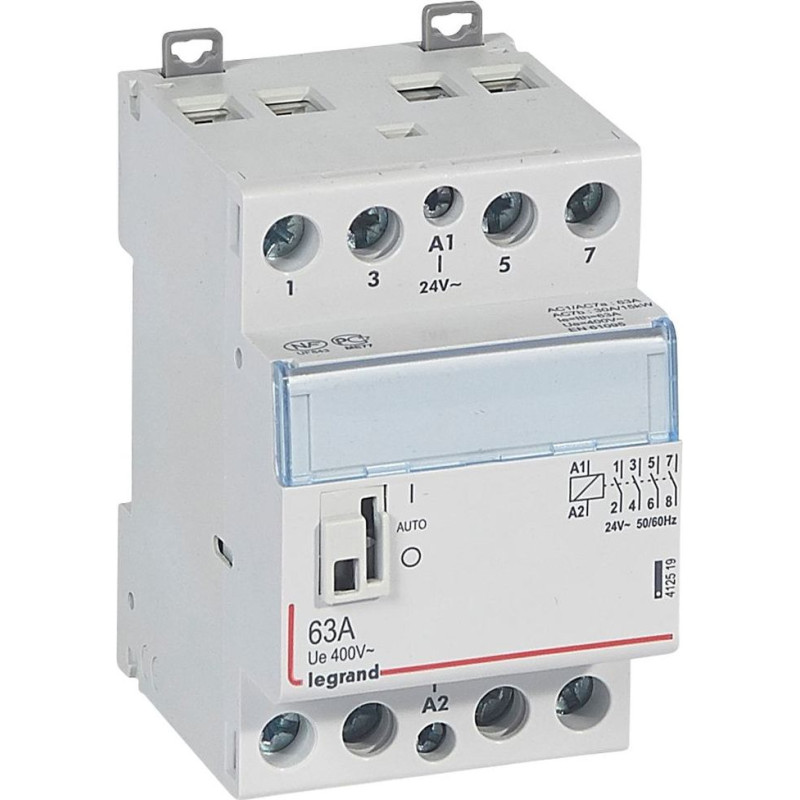 Kontakors CX3 ar priekšējo rokturi - 4 poli - 63 A - 400 V~ - 4 NO kontakti - spoles spriegums 24 V~ - 3 moduļi