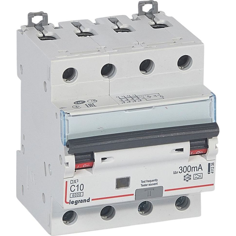 Kombinēts noplūdes automātslēdzis DX3 - 4P - C10 - 6kA - 300mA - A tips