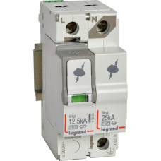 Pārsprieguma aizsardzības ierīce - galvenā sadales skapja aizsardzībai - T1+T2 - Iimp 12,5 kA/polam - 1P+N, neitrāle pa labi