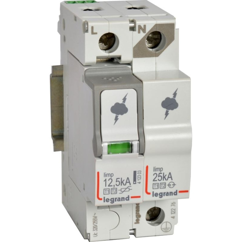 Pārsprieguma aizsardzības ierīce - galvenā sadales skapja aizsardzībai - T1+T2 - Iimp 12,5 kA/polam - 1P+N, neitrāle pa labi