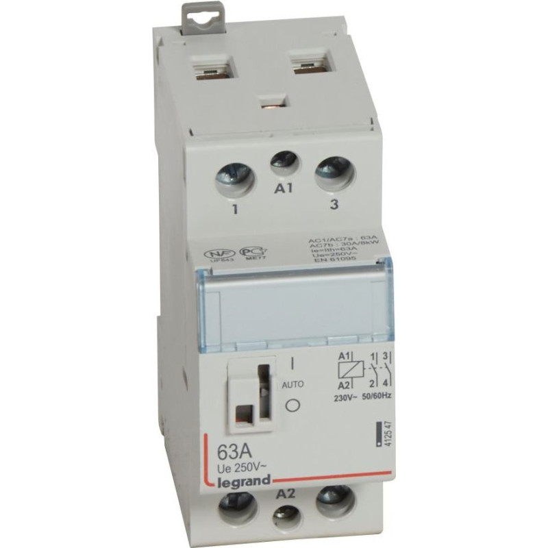 Kontakors CX3 ar priekšējo rokturi - 2 poli - 63 A - 250 V~ - 2 NO kontakti - spoles spriegums 230 V~ - 2 moduļi