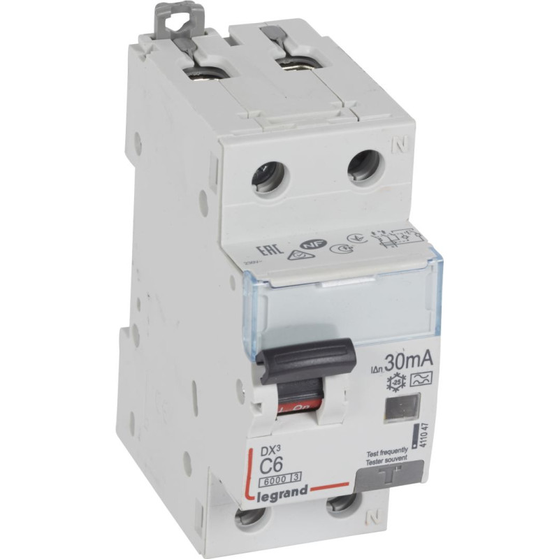 Kombinēts noplūdes automātslēdzis DX3 - 1P+N - 10kA - C6 - 30mA - A tips - N labajā pusē