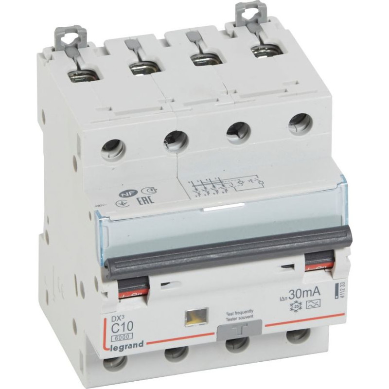 Kombinēts noplūdes automātslēdzis DX3 - 4P - 10kA - C10A - 30mA - A tips
