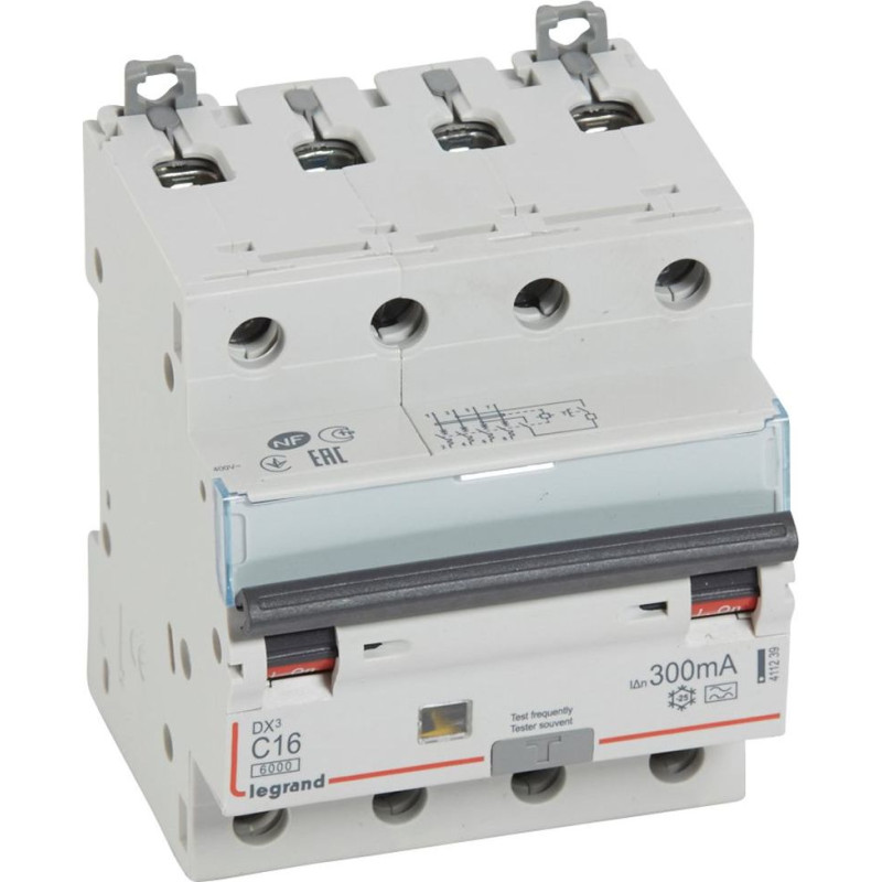 Kombinēts noplūdes automātslēdzis DX3 - 4P - C16 - 6kA - 300mA - A tips