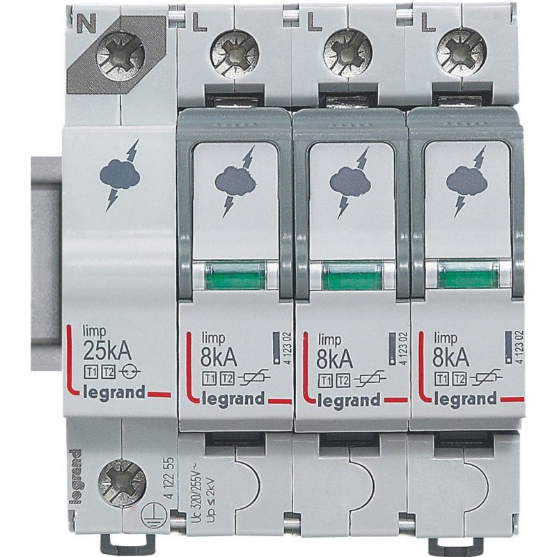 Pārsprieguma novadītājs - T1+T2 - 12,5 kA - 1P+N - neitrāle pa labi - ar bojājuma signalizāciju