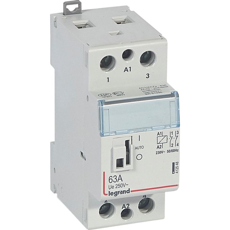 Kontakors CX3 ar priekšējo rokturi - 2 poli - 63 A - 250 V~ - 2 NC kontakti - spoles spriegums 230 V~ - 2 moduļi