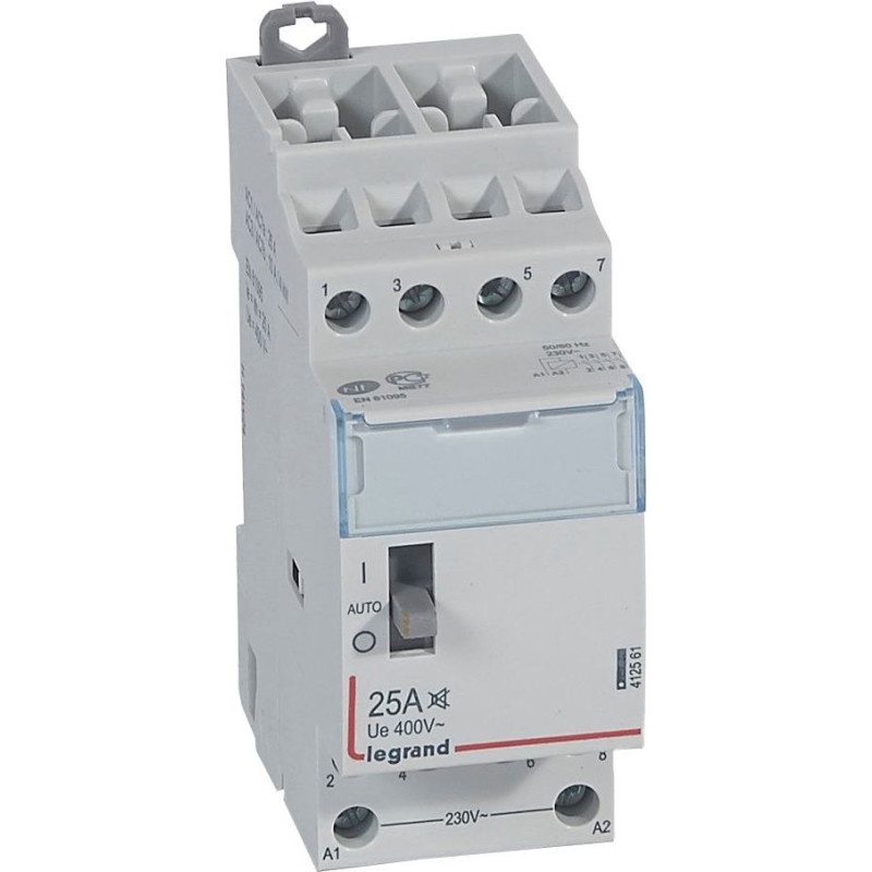 Klusais kontakors CX3 ar priekšējo rokturi - 4 poli - 25 A - 400 V~ - 4 NO kontakti - spoles spriegums 230 V~ - 2 moduļi