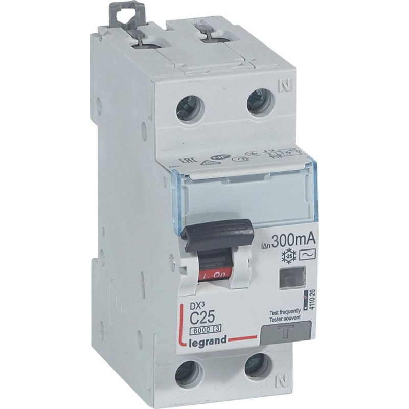 Kombinēts noplūdes automātslēdzis DX3 - 1P+N - C25 - 10kA - 300mA - AC tips - N labajā pusē