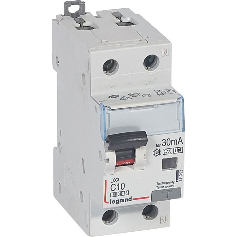 Kombinēts noplūdes automātslēdzis DX3 - 1P+N - 10kA - C10 - 30mA - F tips - N labajā pusē