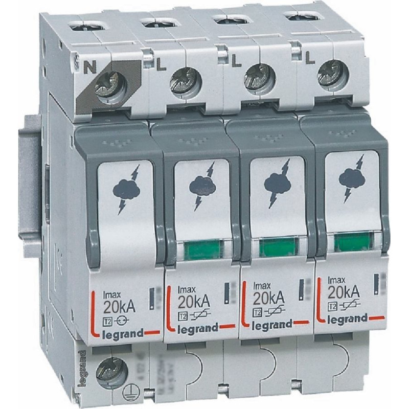 Pārsprieguma aizsardzība - T2 - Imax 20 kA/polam - 3P+N - neitrāle pa kreisi