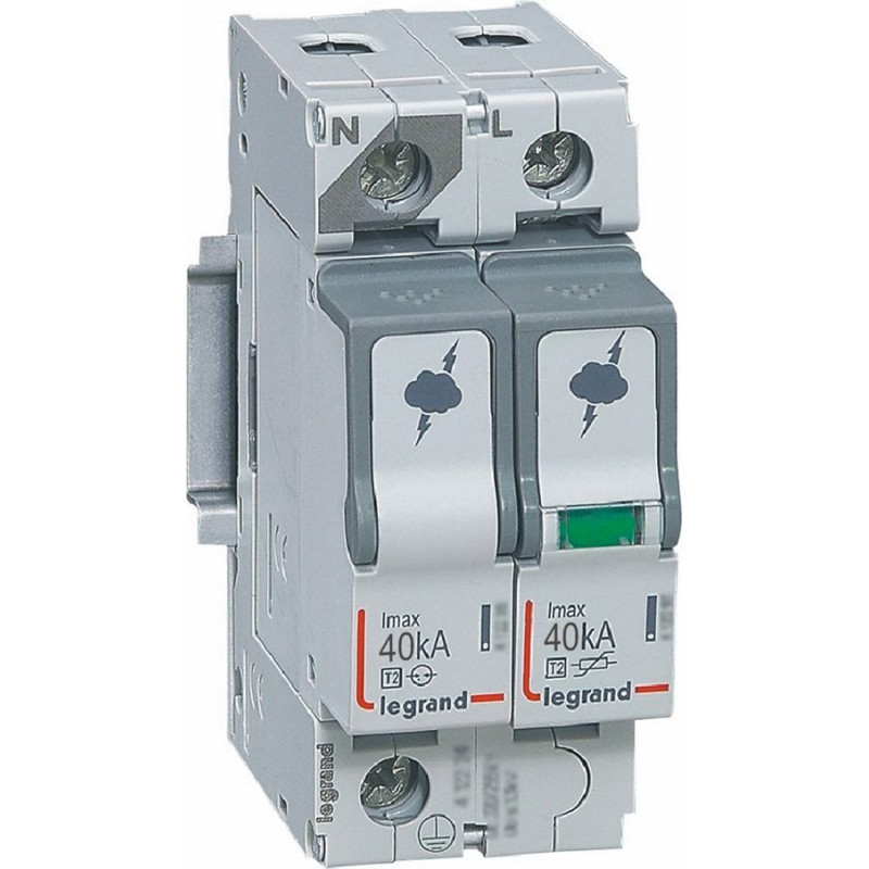 Pārsprieguma aizsardzība - T2 - Imax 40 kA/polam - 1P+N - neitrāle pa kreisi
