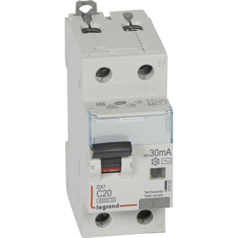 Kombinēts noplūdes automātslēdzis DX3 - 1P+N - C20 - 6kA - 30mA - AC tips