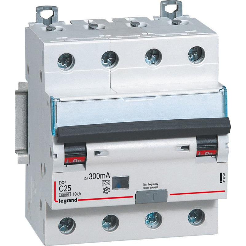 Kombinēts noplūdes automātslēdzis DX3 - 4P - C25 - 6kA - 300mA - A tips