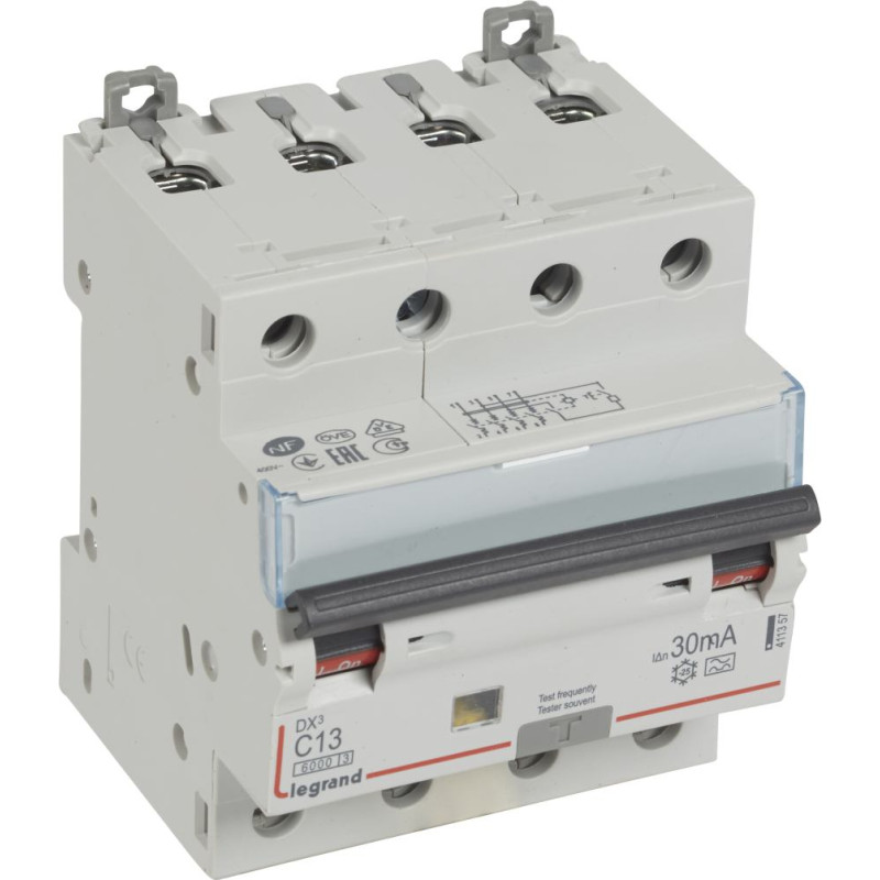 Kombinēts noplūdes automātslēdzis DX3 - 4P - C13 - 6kA - 30mA - A tips