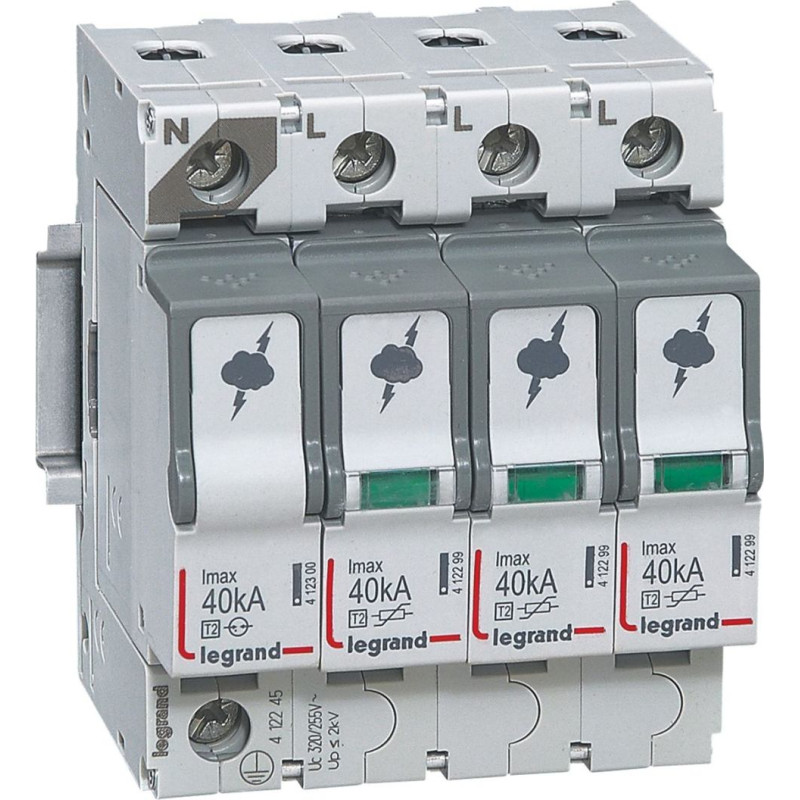 Pārsprieguma aizsardzība - T2 - Imax 40 kA/polam - 3P+N - neitrāle pa kreisi