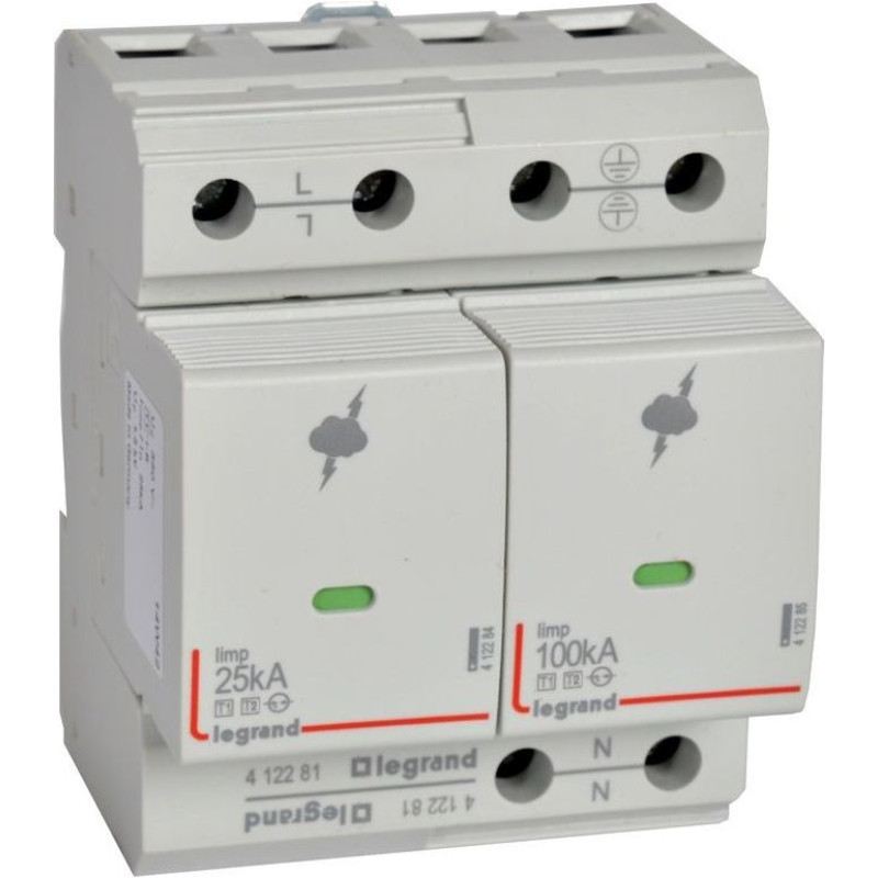 Pārsprieguma aizsardzība - augsta riska līmeņa instalācijām - T1+T2 - Iimp 25 kA/polam - 1P+N, neitrāle pa labi