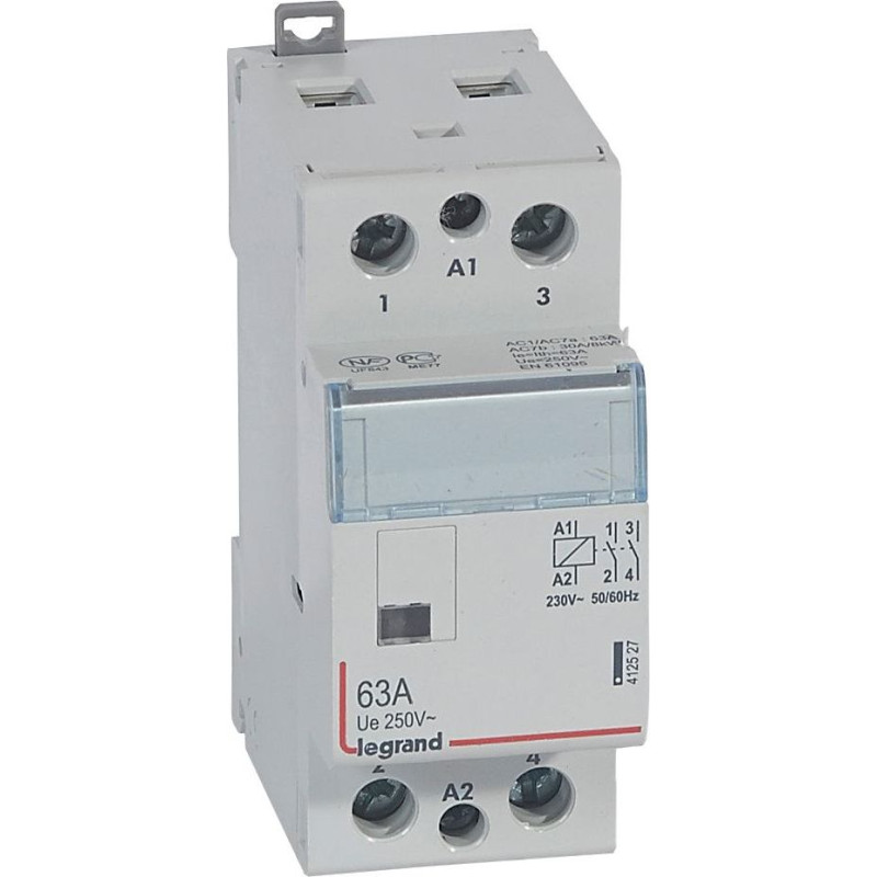 Kontakors CX3 bez priekšējā roktura - 2 poli - 63 A - 250 V~ - 2 NO kontakti - spoles spriegums 230 V~ - 2 moduļi