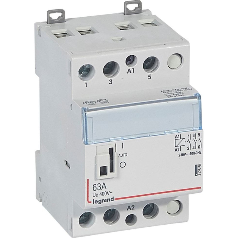 Kontakors CX3 ar priekšējo rokturi - 3 poli - 63 A - 400 V~ - 3 NO kontakti - spoles spriegums 230 V~ - 3 moduļi